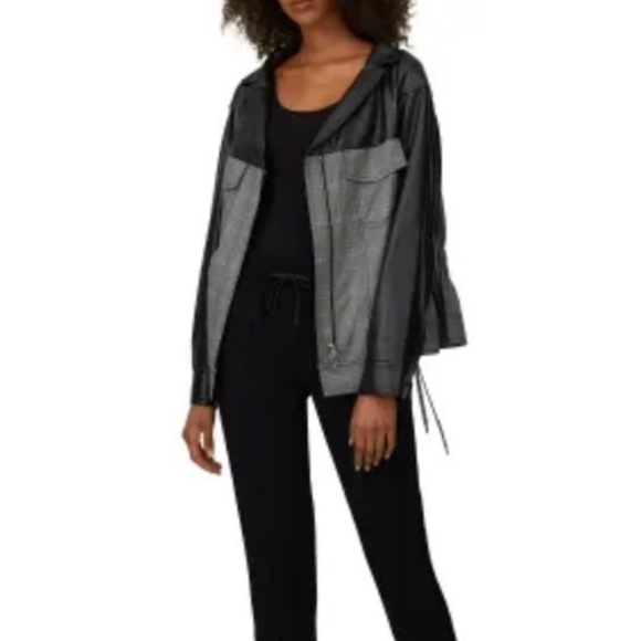 ADEAM Oversized Ruched Jacket Gray Plaid with faux Leather Sleeves - Picture 9 of 9